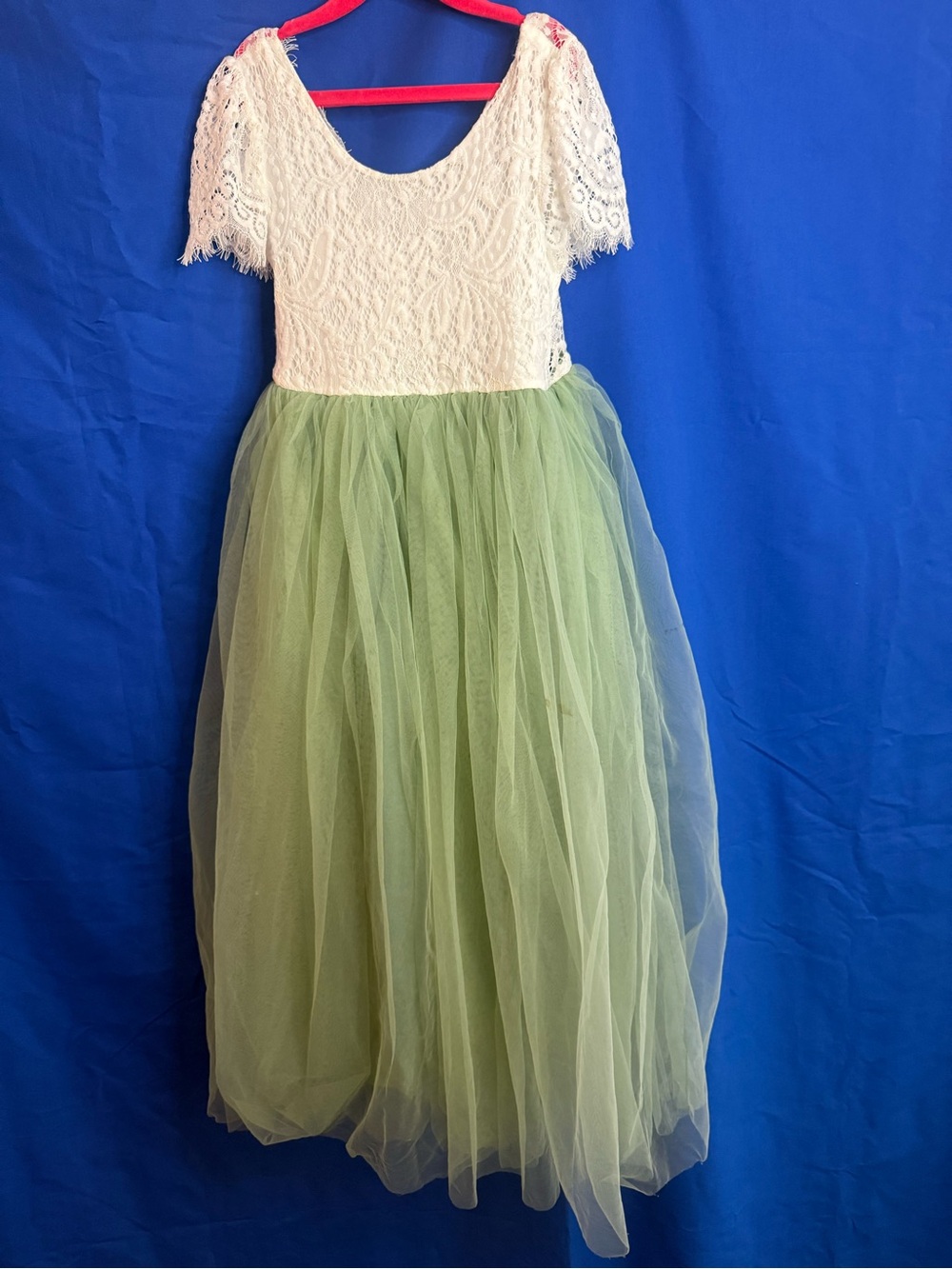 Girls White Lace Top Green Tulle Dress